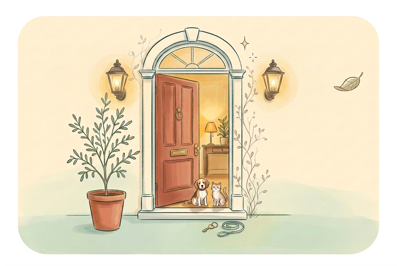 Illustrated doorway with warm interior light, lit sconces, plants and a small dog and cat just inside